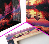 Reflections on the lake, red landscape art, framed canvas print, subdued red nature art