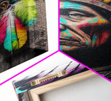 The Warrior, Native American Chief, Graffiti Art Portrait, Framed Canvas Print, Rainbow Feather Mohawk, Pop Art Portrait