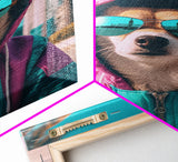 Corgi In Pink And Blue Hoodie Sunglasses Wall Print, Dog Art Print, Dog Portrait, Framed Wall Art, Framed Canvas, Wall Print, Wall Canvas