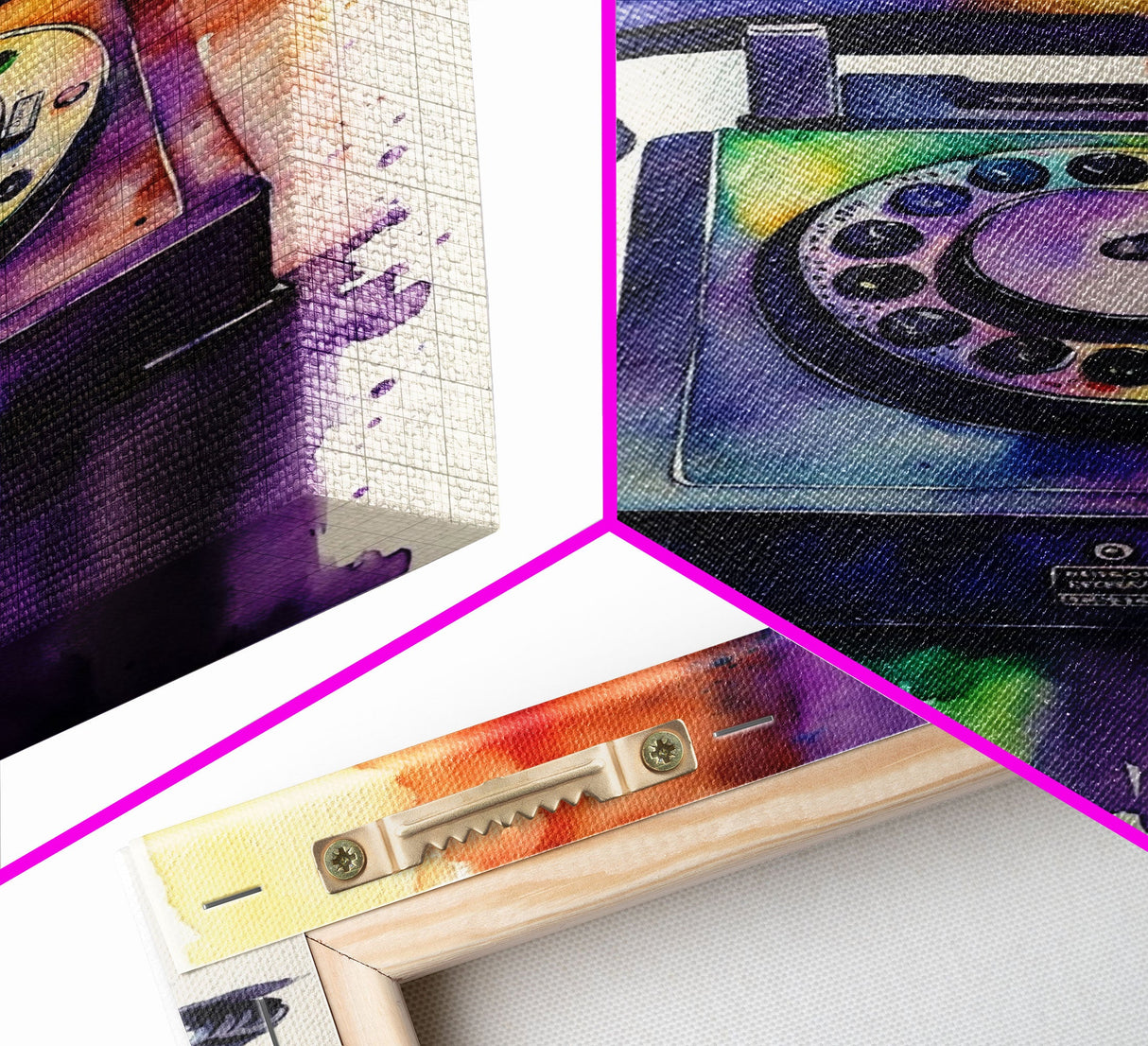 Retro Rotary Phone Art, Watercolor, Framed Canvas Print, Large Wall Art, Retro Style Decor
