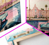 Vaporwave Aesthetic Cuba, Retro 50's car, Tropical Art, Framed Canvas Print