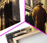 The Man in The Trench Coat, Framed Canvas Print, Time Lapse Watercolor Painting, Subdued Office Wall Art, Noir Art