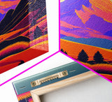 Retro Purple Midcentury Style Wall Art, Framed Canvas Print, Colorful Wall Art, Mountain Landscape, Office Decor, Low Res Art