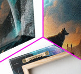 Fenrir, Mythological Wolf, With Bifrost. Norse Mythology Fantasy Art, Framed Canvas Print, Nordic Art