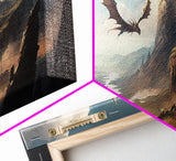 Dragons in Flight Over a Valley, Fantasy Art, Framed Canvas Print, Medieval Fantasy Art, Fire breathing dragons