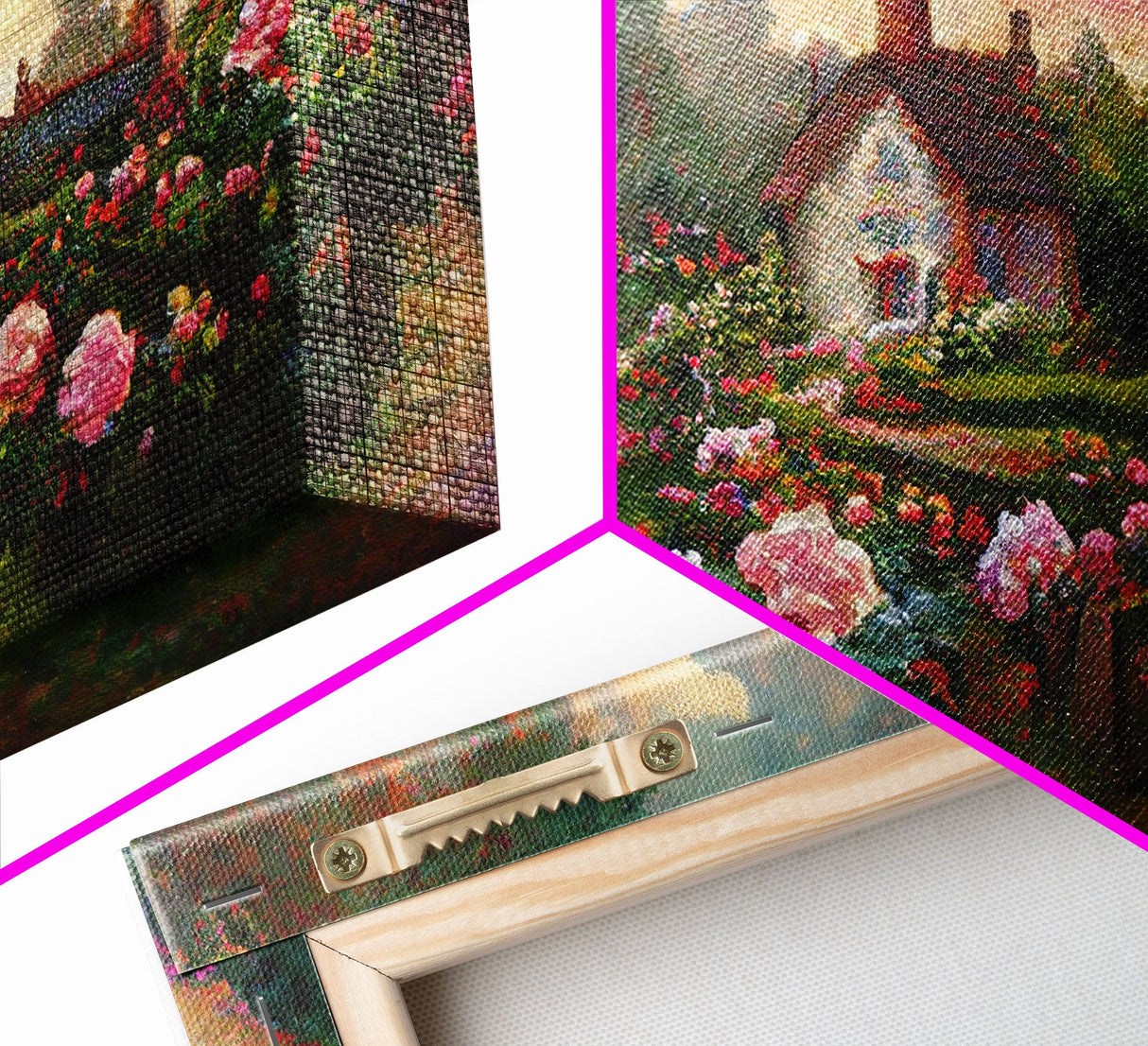 English cottage with rose garden, canvas print, cute English countryside wall art