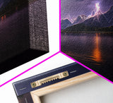 Full moon canvas print, Lightning storm over a mountain lake at night, cool wall art, awesome wall art