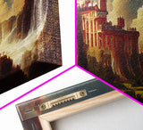 Fantasy wall art, canvas print, castle in the sky, castle atop mountains and waterfalls, watercolor