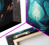 The mycelium Networrk, Fantasy Art, Framed Canvas Print, Bioluminescent Fantasy Forest At Night, Blue Glowing Ambience Art