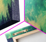 Green Night Sky Watercolor Art Print, Forest Canvas Art, Dark Forest Art, Starry Night Sky, Galaxy Art, Panoramic, Wall Art, Canvas Print