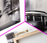 Brooklyn Street Car Trolley, Framed Canvas Print, Retro Charcoal Drawing of NYC in The Rain