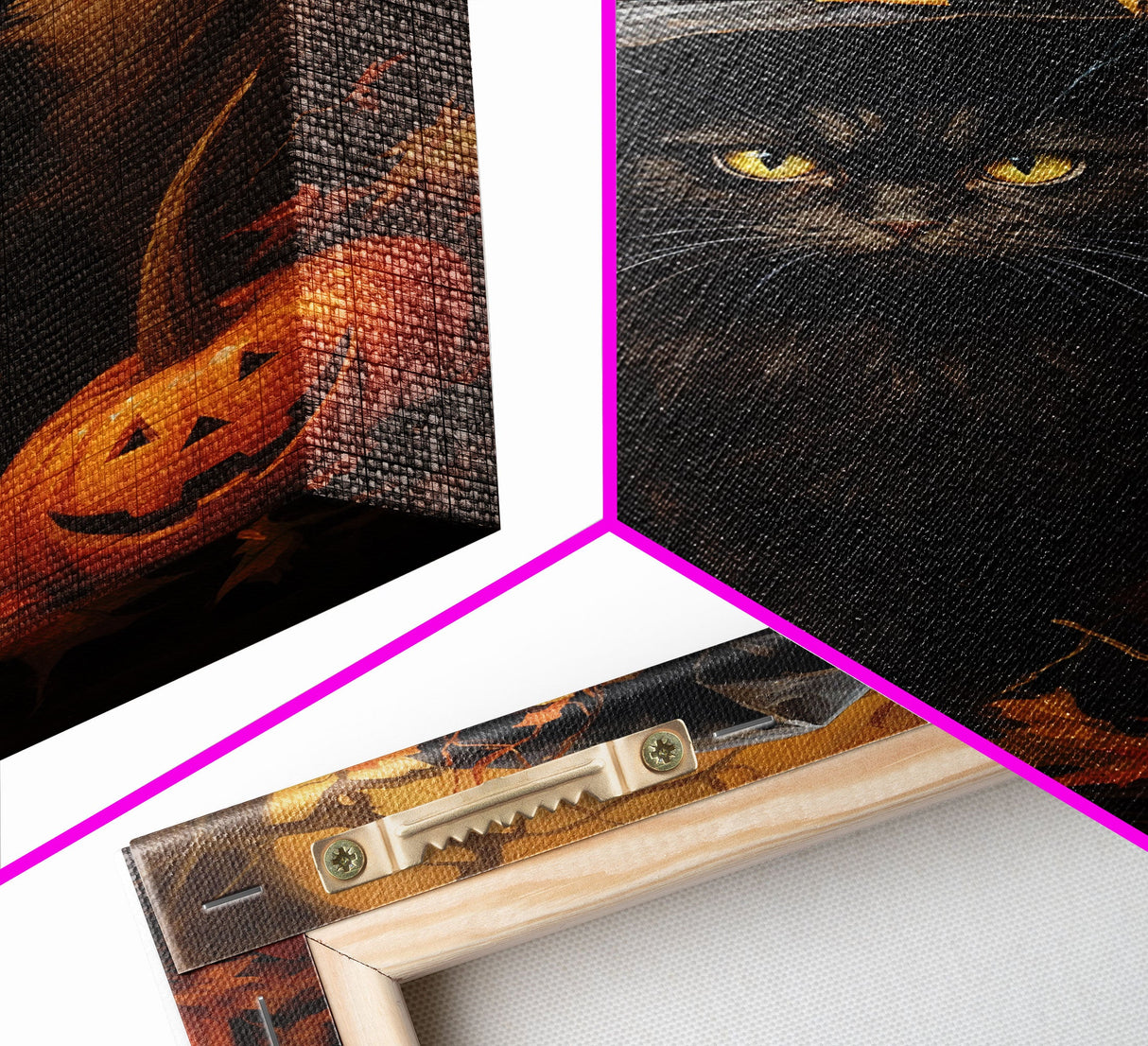 The Witch Cat With Her Jack O Lanterns, Framed Canvas Print, Dark Academia Halloween Art, Victorian Cat Oil Painting, Goth Halloween Decor