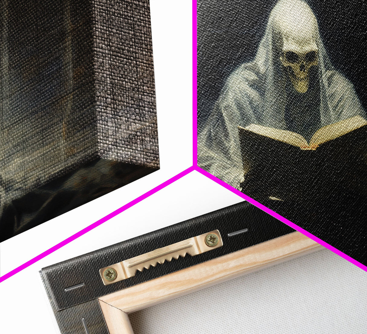 Grim Reaper Reading A Book In A Haunted Library, Framed Canvas Print, Victorian Oil Painting Style, Spooky Halloween Decor, Goth Art
