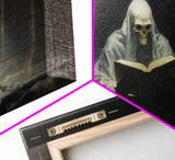 Grim Reaper Reading A Book In A Haunted Library, Framed Canvas Print, Victorian Oil Painting Style, Spooky Halloween Decor, Goth Art