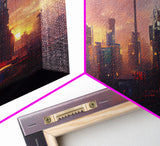 Cyberpunk City, Night City Watercolor, Ready To Hang Canvas Print, Panoramic, Videogame Concept Art, Watercolor Painting Of a Cyberpunk City