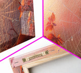 Dew Covered Spiderweb In The Fall, Framed Canvas Print, Autumn Centerpiece, Fall Leaves In The Autumn