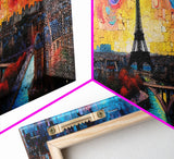 Jigsaw Abstract Paris France Panoramic Framed Canvas Print, Van Gogh Inspired Original Painting, Colorful Wall Art