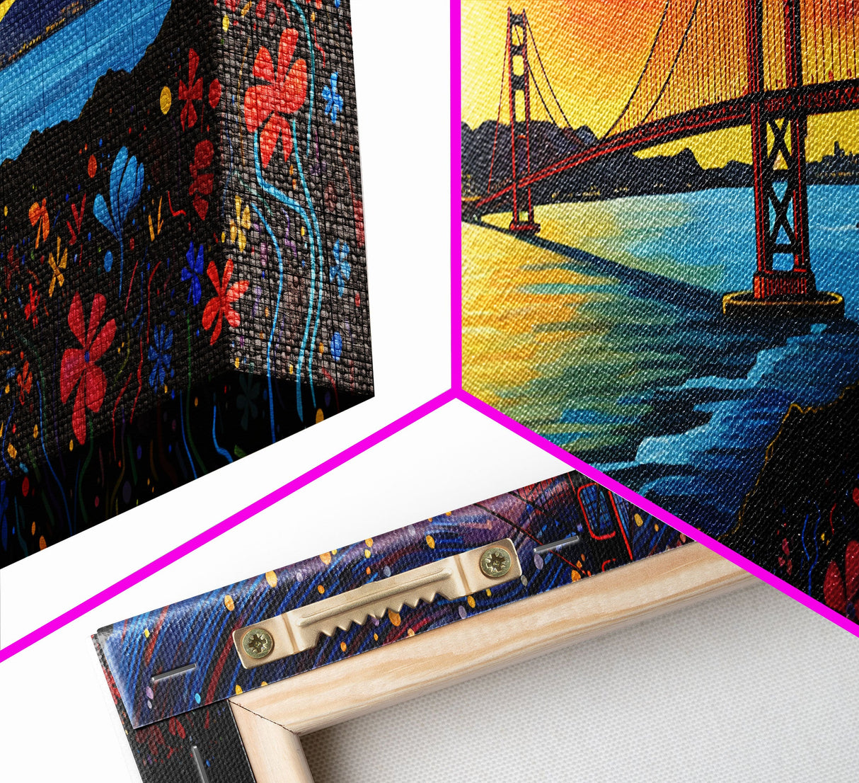 Golden Gate Bridge San Francisco Abstract Panoramic Framed Canvas Print, Van Gogh Inspired Original Painting, Colorful California Wall Art