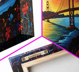 Golden Gate Bridge San Francisco Abstract Panoramic Framed Canvas Print, Van Gogh Inspired Original Painting, Colorful California Wall Art