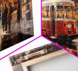 Retro Red Trolley Car Decorated For Christmas, Framed Canvas Print, Christmas Wall Art, Christmas Decor Mom Christmas Gift Christmas Village