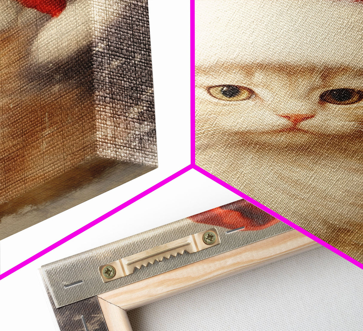 Cute White Kitten In A Christmas Hat, Farmhouse Christmas, Farmhouse Decor, Framed Canvas Print Seasonal Wall Art Winter Decor Christmas Art