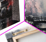Japanese Hashi Bridge in The Spring, Framed Canvas Print, Japanese Maple Trees Along A Stream, Asian Inspired Artwork