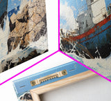 Man Vs. Ocean, Tugboat Crashing On The Rockets, Framed Canvas Print, Nautical Decor, Nautical Centerpiece