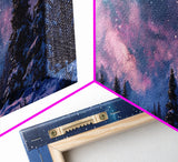 Starry Night Northern Lights, Framed Canvas Print, Beautiful Night Sky Over A Snow Capped Forest, Winter Landscape Painting, Purple Skies