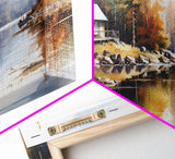 Rustic Lake Cabin at Dusk Watercolor Painting | Peaceful Wilderness Landscape Canvas Print | Modern Country Decor and Nature Lovers