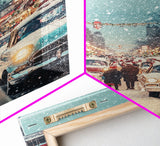 Retro Christmas Parade on Snowy Main Street with Classic Cars and Holiday Decorations, Framed Canvas Print for Christmas Wall Decor