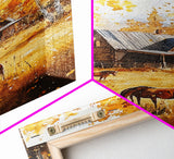 Log Cabin and Horses In The Fall, Wood Framed Wall Art, Primitive Thanksgiving Home Decor, Living Room Art