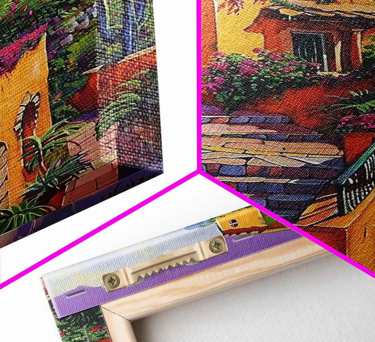 Framed Canvas Print Tall Art Mexican Style Scenic Steps Lined With Colorful Flowers And Architecture
