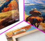 Cowboy Riding Through Autumn Mountains Framed Canvas Print Fall Landscape Art Christmas Decor Seasonal Wall Art Cowboy Christmas Gift Idea