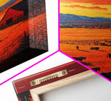 Golden Fields and Barn Framed Canvas Print, Pastoral Landscape with Mountains Grazing Cows, Rustic Fall Wall Art Farmhouse Ranch Style Decor