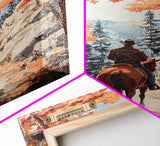 Cowboy riding through autumn forest, Framed Canvas Print, fall landscape wall art, western style decor for cozy homes, perfect gift idea