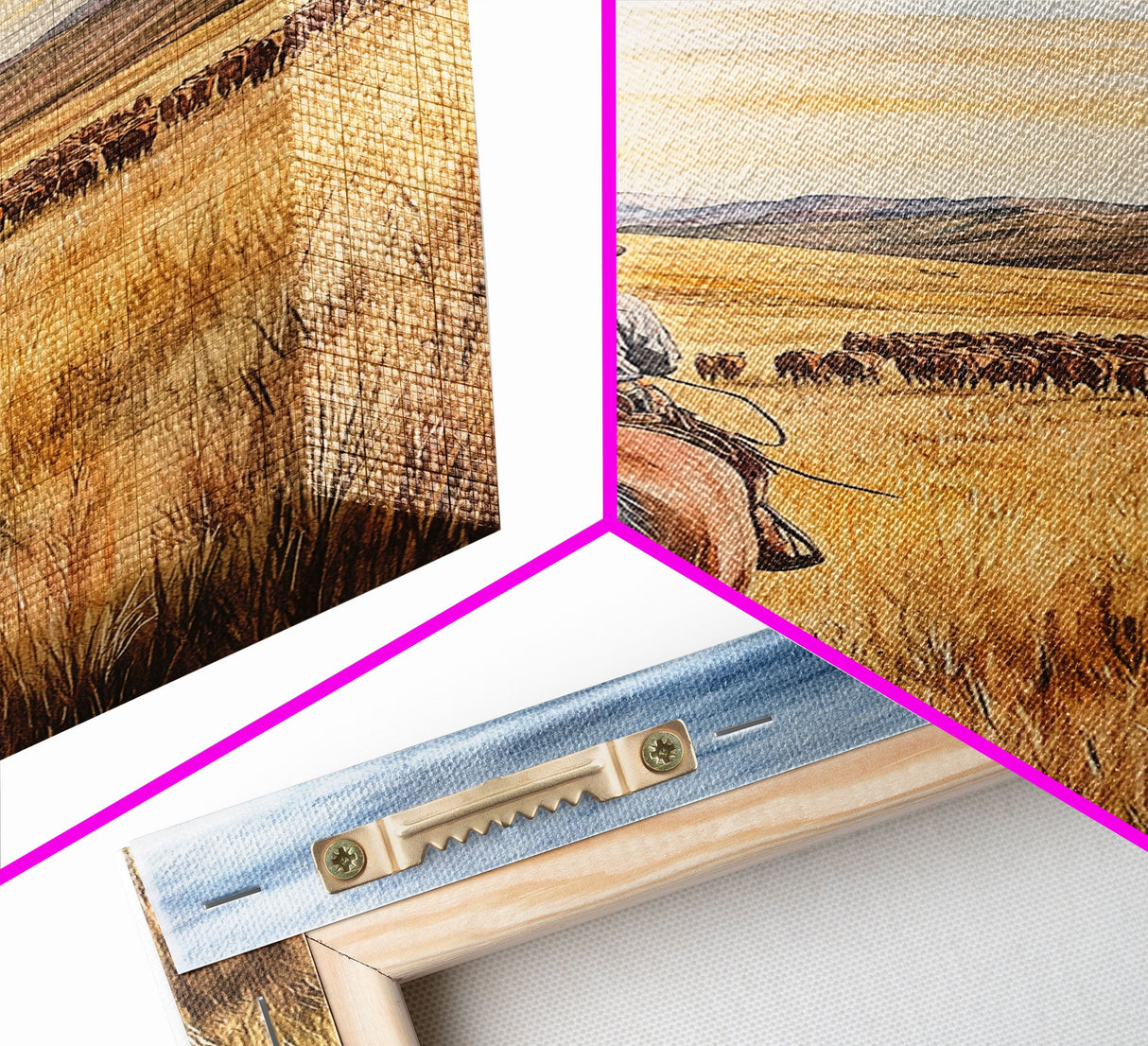 Cowboy leading cattle across golden prairie, Framed Canvas Print, western landscape wall art for rustic farmhouse decor, gift idea holiday