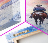 Cowboy riding through snowy sunset, Framed Canvas Print, winter landscape wall art, western decor for above sofa, rustic holiday decor