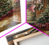 Cozy farmhouse Christmas interior Framed Canvas Print with tree stockings and fireplace, warm holiday art rustic Christmas decor mantle