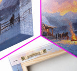 Cozy Snowy Log Cabin Tall Art Framed Canvas Print Winter Home Decor With Warm Fireplace And Horse Rider Under A Beautiful Sunset Scene