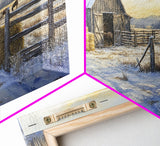Snowy Barn Horses Canvas Print Winter Landscape Art Farmhouse Christmas Wall Art Framed Canvas Print Rustic Christmas Outdoor Decor