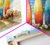 Colorful surfboards Christmas wall art, beach holiday decor, coastal Christmas art, framed canvas print, tropical Christmas art gift