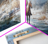 Cowboy riding horse through vibrant autumn forest, Framed Canvas Print, tall fall wall art, rustic western decor, moody landscape