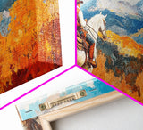 Cowboy on autumn swing, Framed Canvas Print, rustic Western art with vibrant fall, tall framed canvas print autumn decor farmhouse wall art
