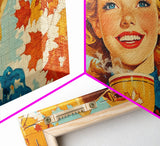 Happy Cowgirl Enjoying Hot Cocoa, Framed Canvas Print, Cute Fall Decor, Rustic Farmhouse Wall Art, Retro Style Trendy Autumn Decor