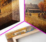 Horseback Riders In Autumn Near Barn, Rustic Fall Wall Art, Cozy Farmhouse Decor Framed Canvas Print, Harvest Time Country Art