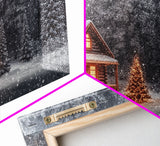 Winter cabin with Christmas tree outdoor decor, snowy landscape art, framed canvas print, winter wonderland wall art, holiday decor