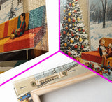 Mid century modern Christmas scene with fireplace and tree, retro Christmas decor, framed canvas print, 1960s Christmas home decor
