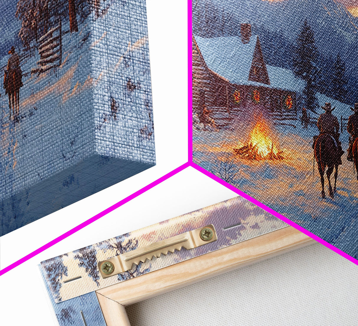 Cowboys and Log Cabin Winter Christmas Framed Canvas Print, Rustic Mountain Holiday Scene Art, Best Christmas Gift Idea, Winter Decor