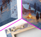 Cowboys and Log Cabin Winter Christmas Framed Canvas Print, Rustic Mountain Holiday Scene Art, Best Christmas Gift Idea, Winter Decor