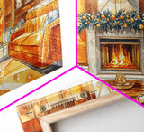 Luxurious Christmas Living Room Framed Canvas Print, Golden Holiday Decor with Christmas Tree and Fireplace Winter Wall Art